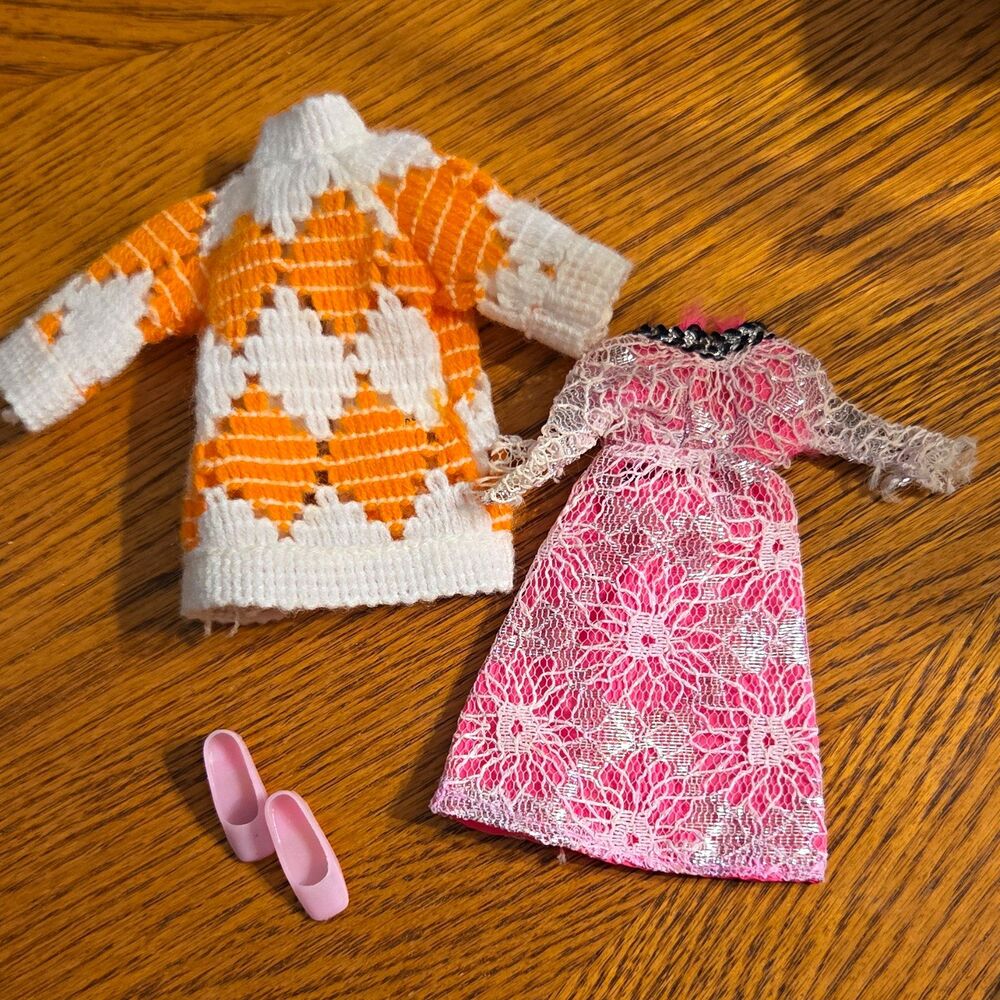 VINTAGE BARBIE CLOTHING LOT CASUAL 3PC COAT DRESS SHOES ORANGE/WHITE PINK